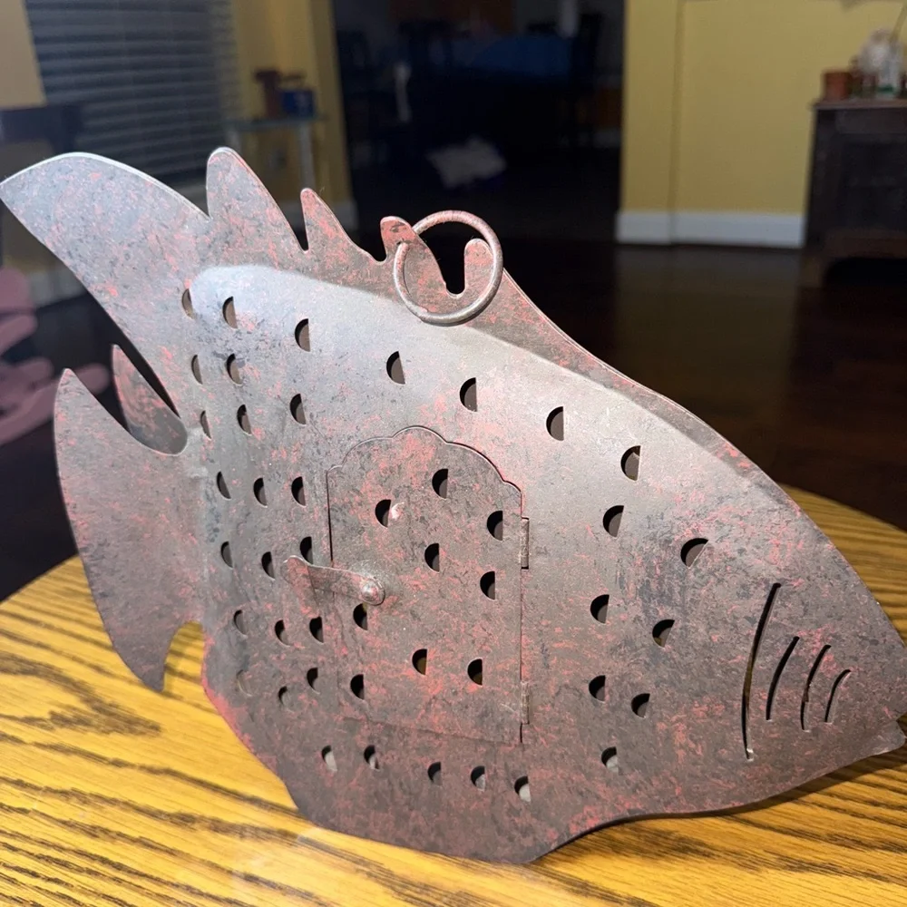 Vintage Fish-Shaped Metal Lantern- Red and Black